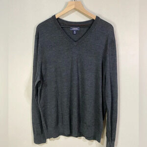 Men V-Neck Merino Wool Sweater XL navy blue LANDS END casual cozy warm soft